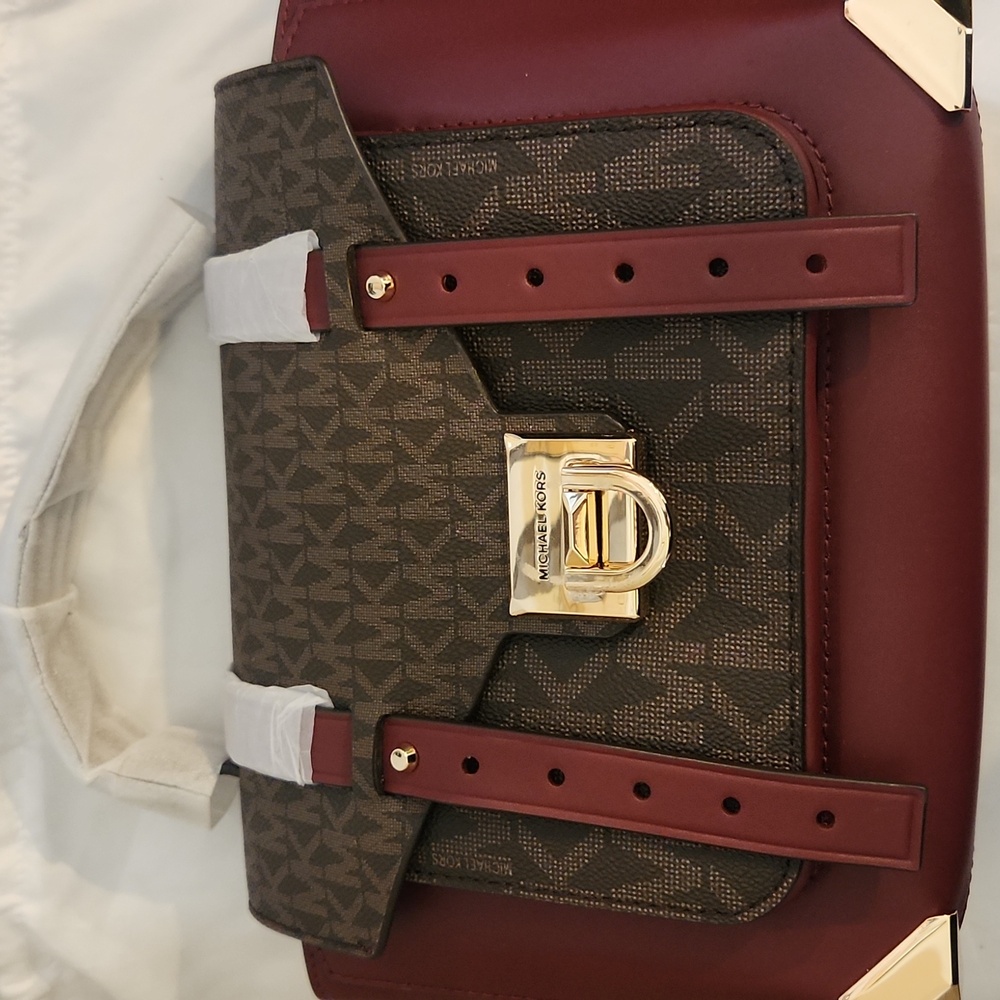 Michael Kors Dark Cherry and Brown Signature Leather Satchel/Crossbody NWT - Picture 3 of 9